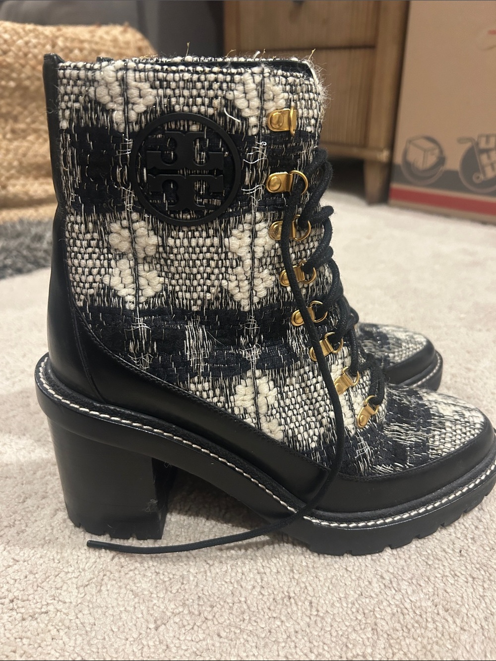 Tory Burch Black and Cream Tweed Lace-Up Block Heel Boots